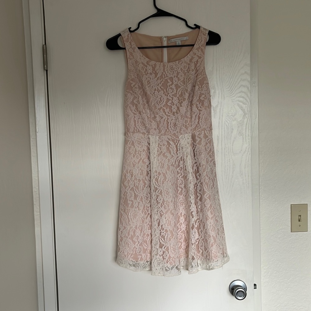 Lauren Conrad nude with white lace scoop neck dress